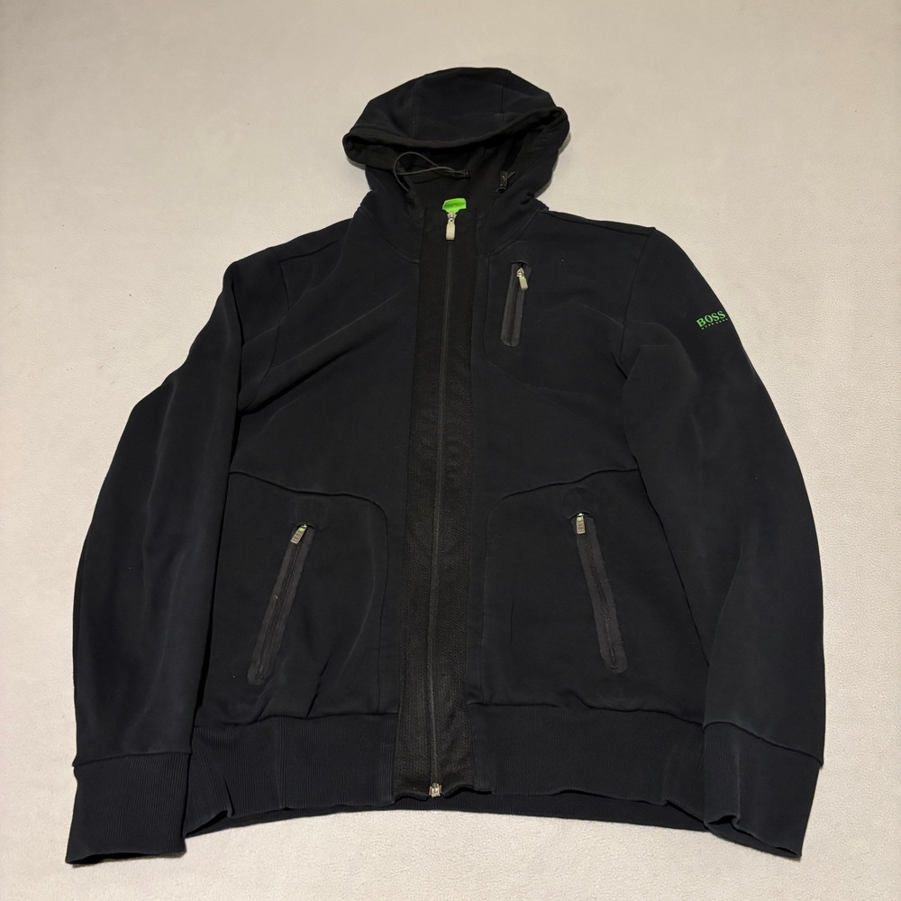 Hugo Boss Green Label Mens Black Full Zip Hoodie Jacket Large Logo Pocket